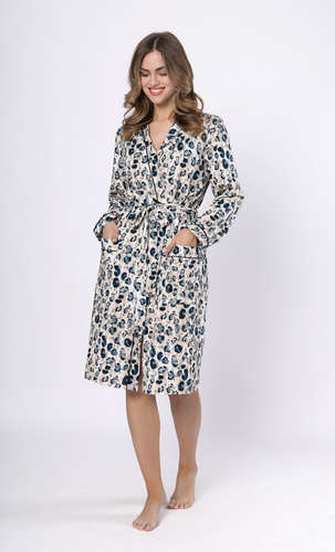 Halat de baie dama Leveza Virginia 1676 - bumbac bleumarin, maneci lungi, croiala clasica