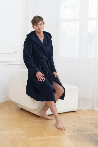 Mimas Halat de baie pentru bărbați cu glugă Italian Fashion - albastru marin