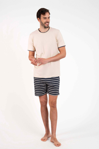 Lars Pijama cu mânecă scurtă pentru bărbați, pantaloni scurți Italian Fashion - imprimeu bej/grafit