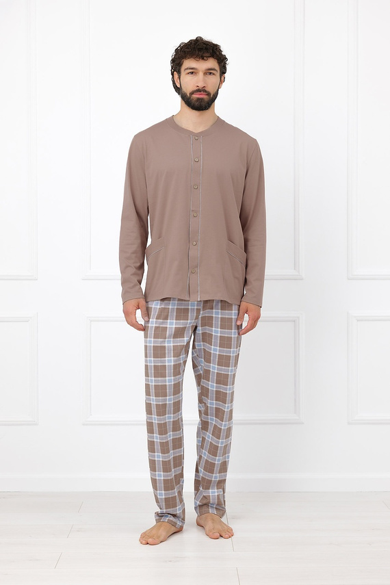 Italian Fashion Wilhelm pijama bărbați 100% bumbac nasturi carouri - cappuccino