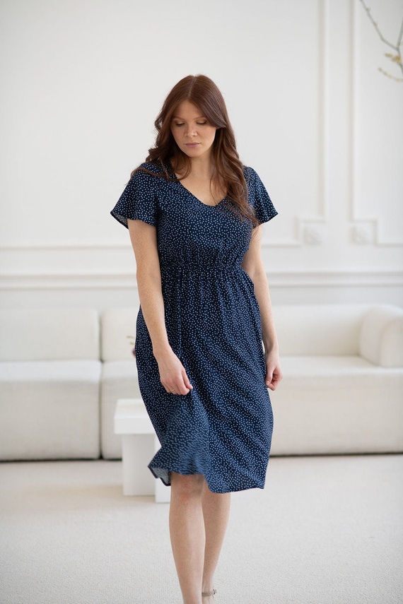 Lovely Dress Rochie midi de maternitate si alaptare, maneca scurta, Milk&Love, bleumarin cu buline