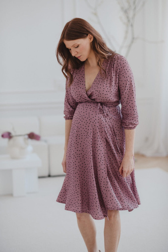 Rochie de maternitate si alaptare Milk Shake, maneca 3/4 Milk&Love, liliac cu buline