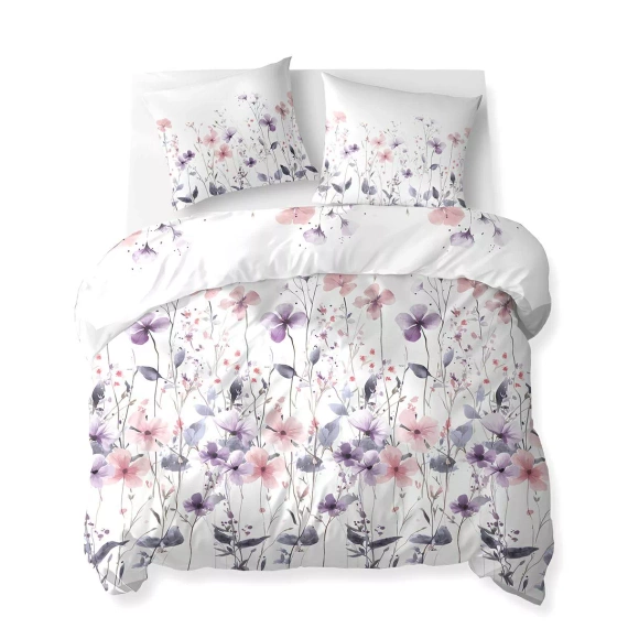 5773 B Lenjerie de pat din bumbac Cotton Bloom Detexpol, albă cu flori sălbatice roz și violet – 100% bumbac, față-verso, producție poloneză