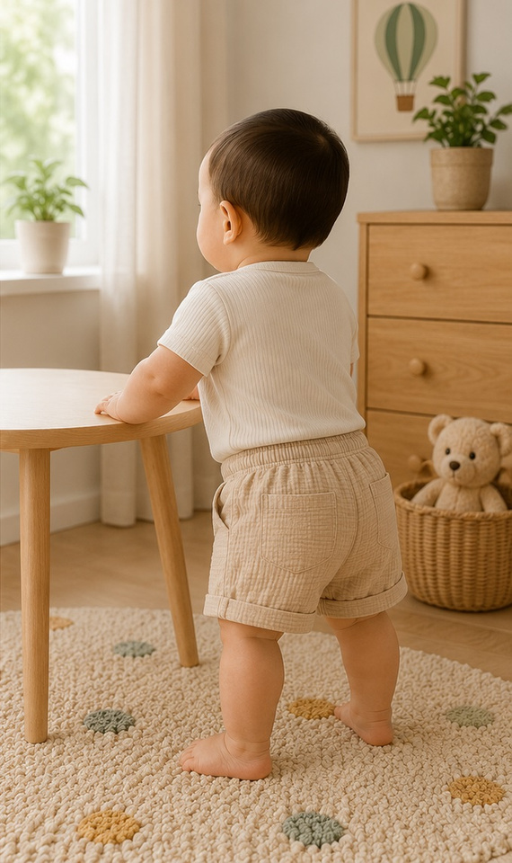 SZ55315 Mamatti pantaloni scurți bej din mușelin cu buzunare și nasturi pentru vară