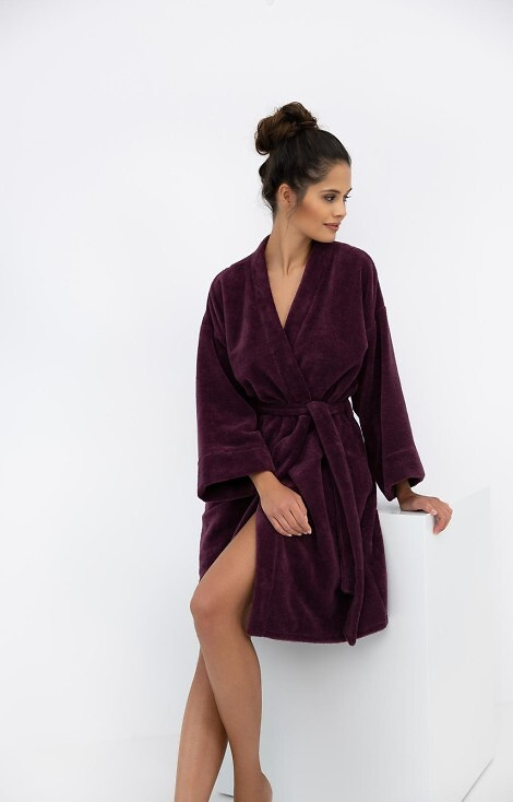 Halat de damă Indigo Sensis Burgundy - tricotaj moale, guler kimono, buzunare
