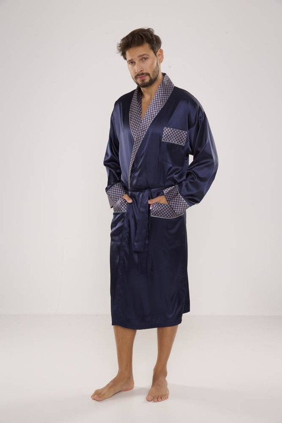 940 Forex halat de baie bărbătesc din satin - albastru marin