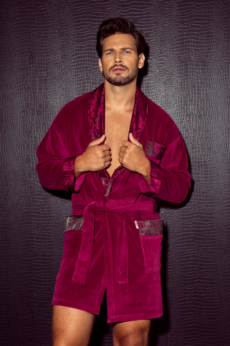 866 Noble Halat de baie de catifea De Lafense pentru bărbați - scurt, elegant, bumbac - burgundy