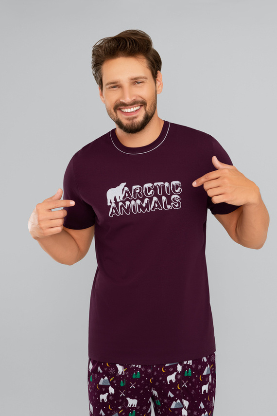 Manfred Pijama cu mânecă scurtă pentru bărbați, pantaloni lungi Italian Fashion- burgundy/print burgundy