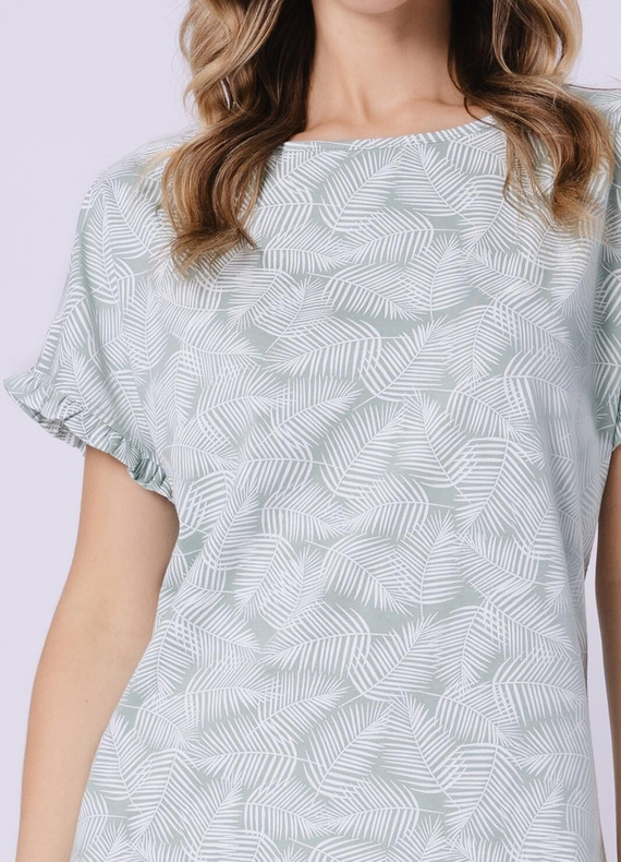 Cămașă de noapte damă Elif 1728 Leveza – 100% bumbac, mânecă scurtă cu volănaș, imprimeu floral, cămașă de noapte lejeră până la genunchi