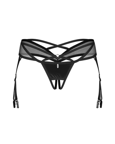 Tanga Obsessive Dominna Crotchless Negru – Latex Lucios, Inghinal Deschis, Bretele cu Portjartier