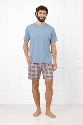 Pijamale bărbați Italian Fashion Dante bumbac scurte pantaloni scurți în carouri cu buzunare - oțel