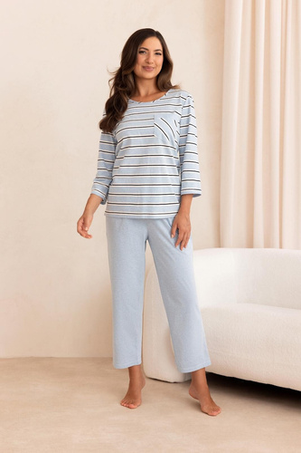 Pijamale damă Regina 4025 100% bumbac dungi mâneci și pantaloni 7/8 - albastru