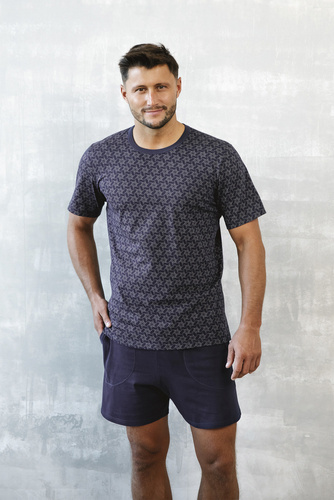 Ricardo Pijama cu mânecă scurtă pentru bărbați, pantaloni scurți Italian Fashion - albastru navy/print