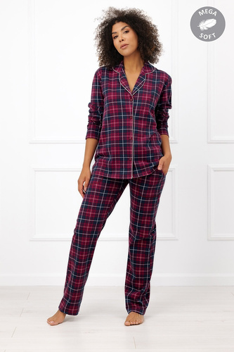 Italian Fashion Alana pijama damă din bumbac, lungă, cu nasturi, în carouri