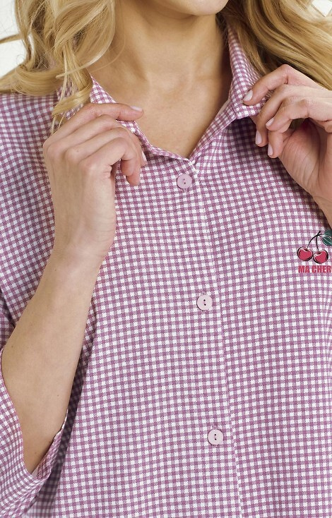 3436 Joliee Cămașă damă Taro roz – bumbac, carouri, mâneci 3/4, nasturi