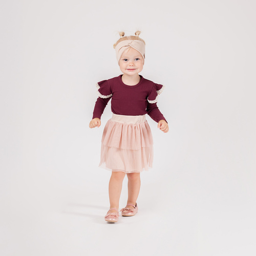 217138 Bluză din bumbac Alisa Nicol – mânecă lungă, visiniu, volane cu dantelă