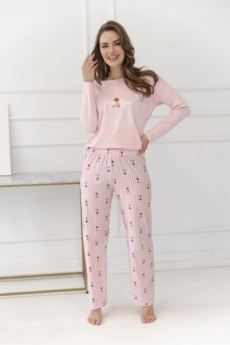 Pijamale damă Taro Nola 3623 roz, 100% bumbac, mânecă lungă, cu imprimeu căței