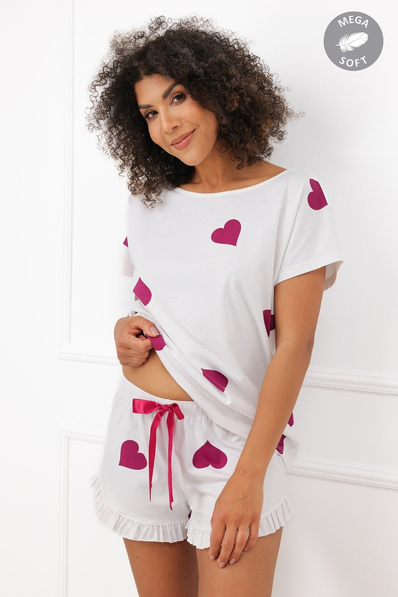 Italian Fashion Soul pijama damă scurtă Mega Soft ecru cu inimi bordo