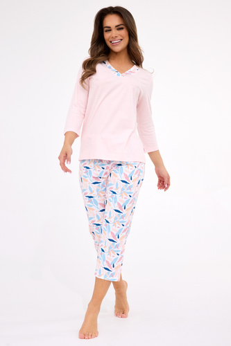 389/455 Nancy Cornette – pijamale de damă din bumbac, roz, mâneci 3/4 și pantaloni