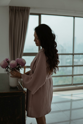 Halat de baie din muselina Kimono Trandafir Sepia Makashka | 100% bumbac, usor si aerisit