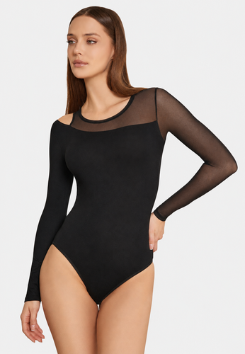Body damă Teyli 2458 negru din vâscoză, cu mânecă lungă și tulle