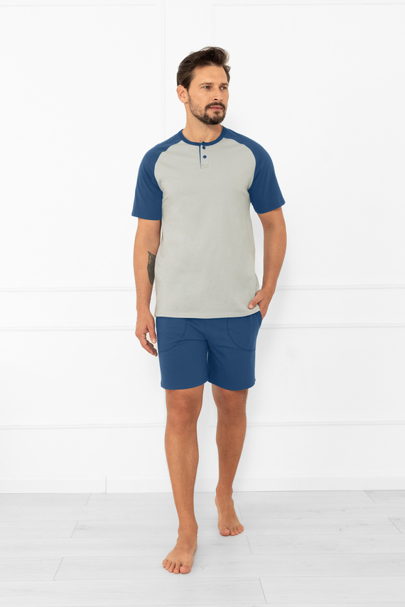 Pijama pentru bărbați Alexander Italian Fashion - mâneci scurte și pantaloni scurți, 100% bumbac - gri/jeans