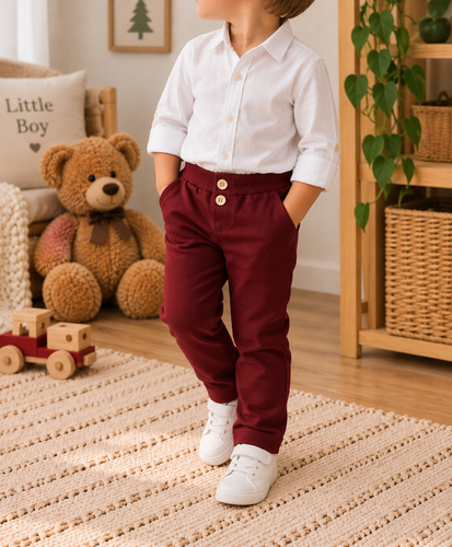 Mamatti SM020 pantaloni copii din bumbac bordo cu buzunare și nasturi din lemn