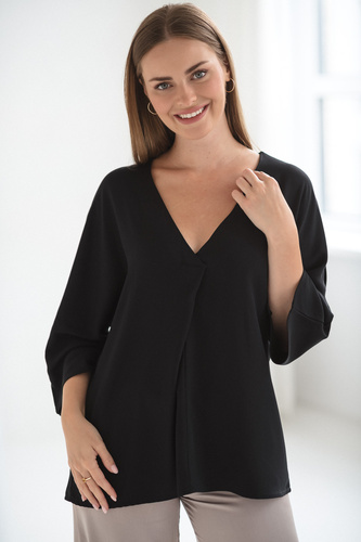 Bluză de maternitate Mamafullness Milk&Love, neagră – viscoză, mâneci 3/4, oversize