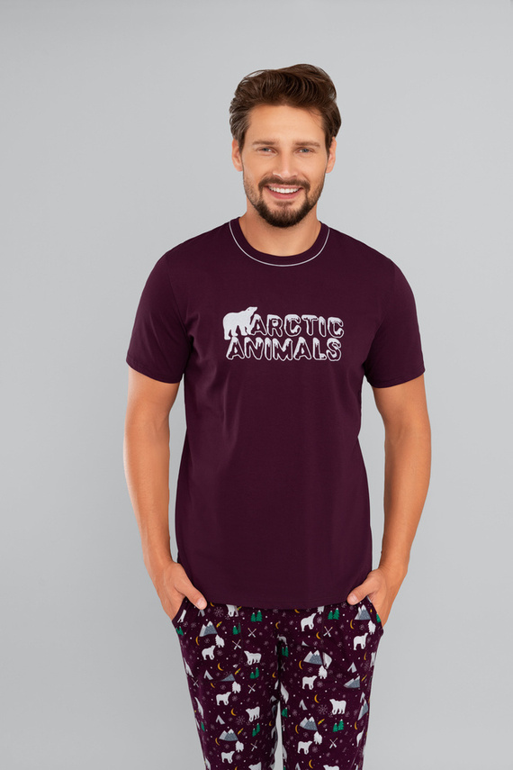 Manfred Pijama cu mânecă scurtă pentru bărbați, pantaloni lungi Italian Fashion- burgundy/print burgundy