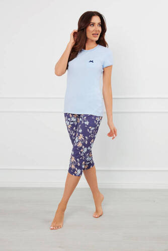 Pulia Pijama cu mânecă scurtă pentru femei, pantaloni 3/4 Italian Fashion - albastru/print