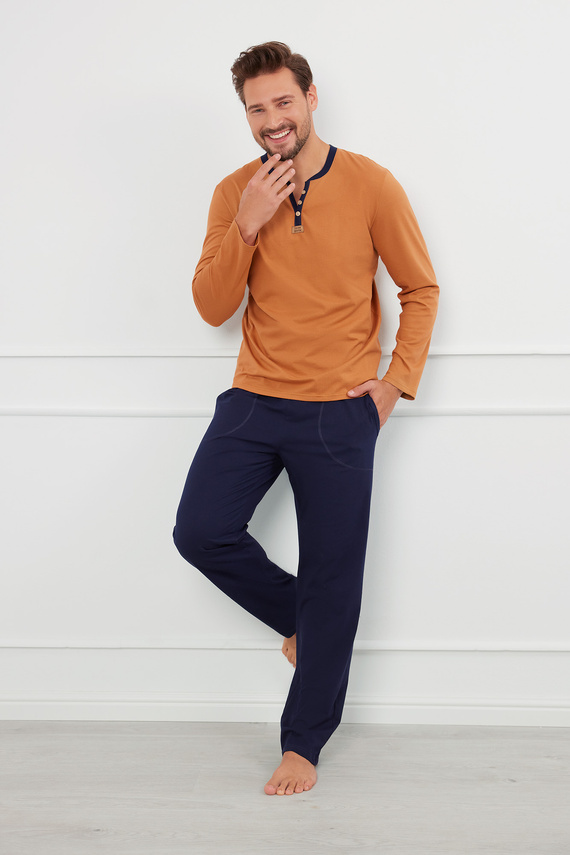 Julius Pijama cu mânecă lungă pentru bărbați, pantaloni lungi Italian Fashion - coniac/verde