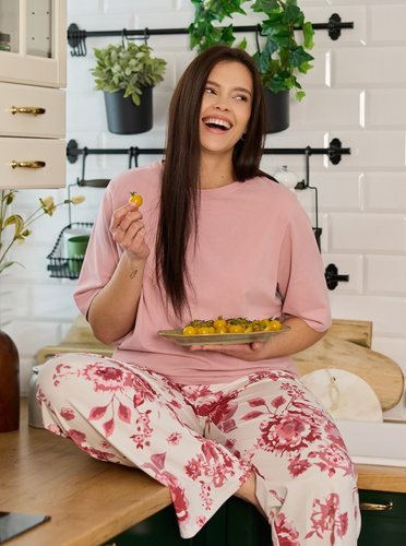 Pijamale damă Mefemi by Nipplex Elara PW83 din bumbac, pantaloni lungi, roz