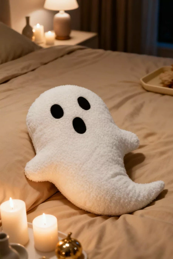 Pernă decorativă cu buline fantomă de sub ac și ață – albă 28x40 cm, decor de Halloween și toamnă