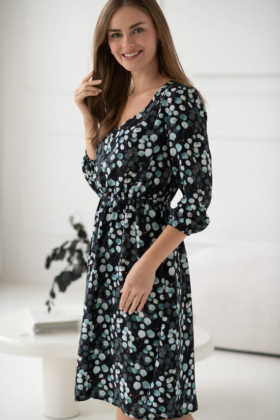 Lovely Dress Rochie midi de maternitate si alaptare cu maneci 3/4 Milk&Love cu frunze de eucalipt