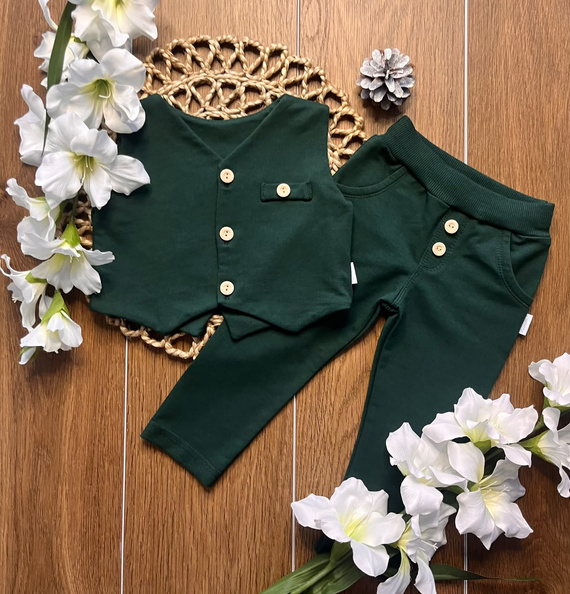 Mamatti KC014 set băieți verde din bumbac vestă și pantaloni cu nasturi