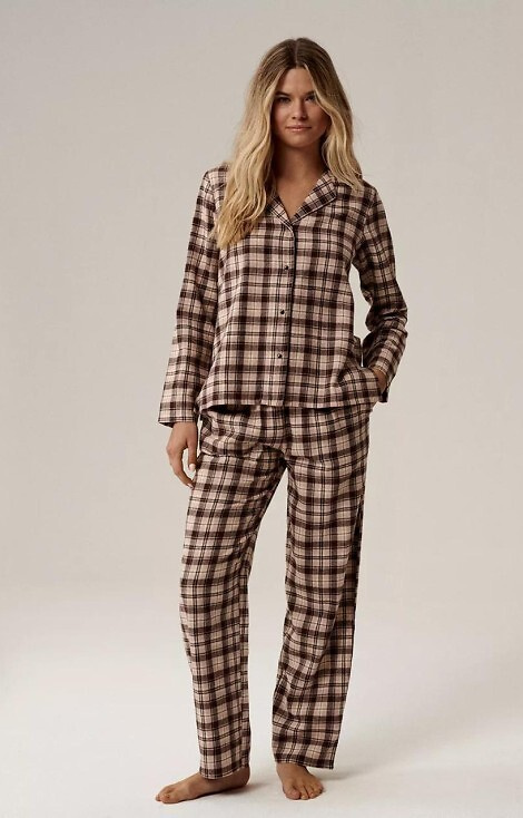 Pijamale NLP-505 pentru femei, culoarea Atlantic Brown - flanel, cu nasturi, în carouri, bumbac