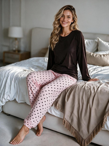 Luna 1310 Pijamale damă lungi 100% bumbac Pantaloni cu buline maro