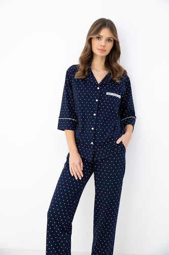 Pijamale damă Sensis bleumarin 100% bumbac, cu guler, nasturi, mâneci 3/4