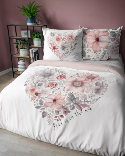 Set de lenjerie de pat 5126 A Holland Detexpol din bumbac, alb cu o inimă florală roz – 100% bumbac, față-verso, producție poloneză