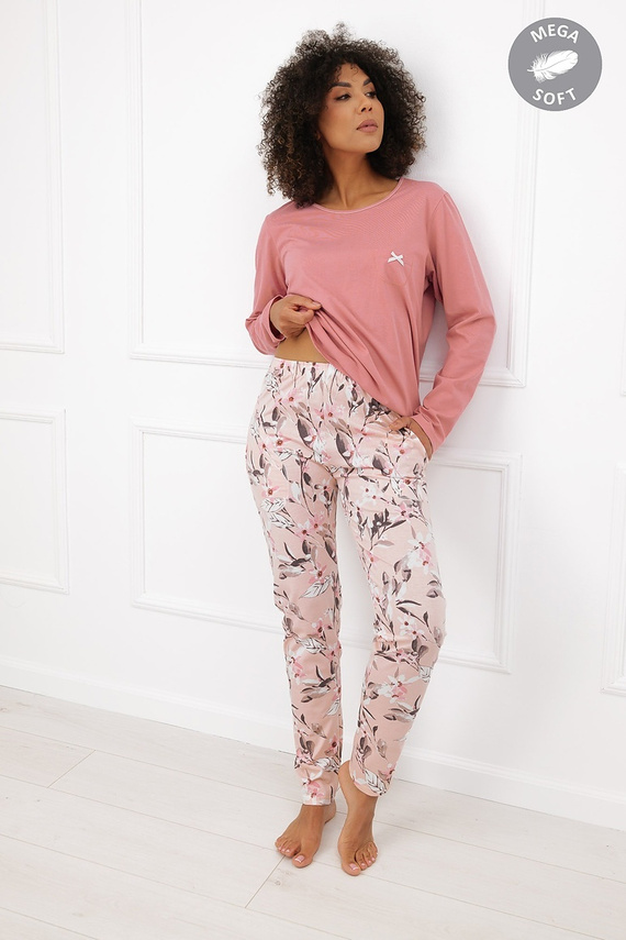 Italian Fashion Kafelia pijama damă Mega Soft lungă cu flori și fundiță