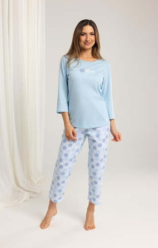 702 Pijama Regina din bumbac albastru - dama, maneci 3/4, pantaloni cu model 7/8