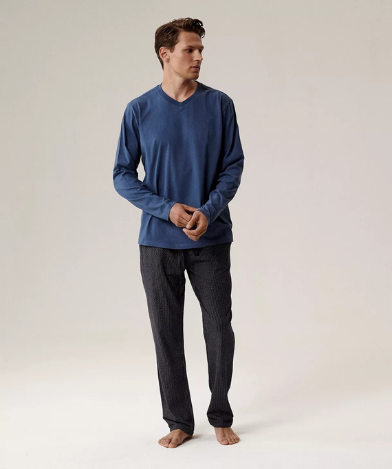 Pijamale bărbătești NMP-389 Atlantic – bumbac albastru, mâneci lungi, set elegant pentru nopți reci