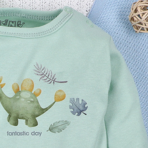 Body din bumbac organic cu dinozauri exploratori ABN-5566 Nini Mentă – Bumbac organic, mânecă lungă