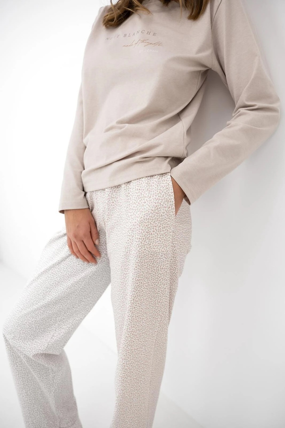 Pijamale damă Sensis Lyanna bej, bumbac, pantaloni lungi cu imprimeu floral
