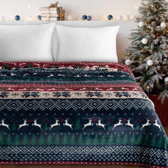 Pătură de Crăciun Eurofirany, bleumarin și roșu cu model scandinav – o pătură moale din microfibră, 240 g/m²