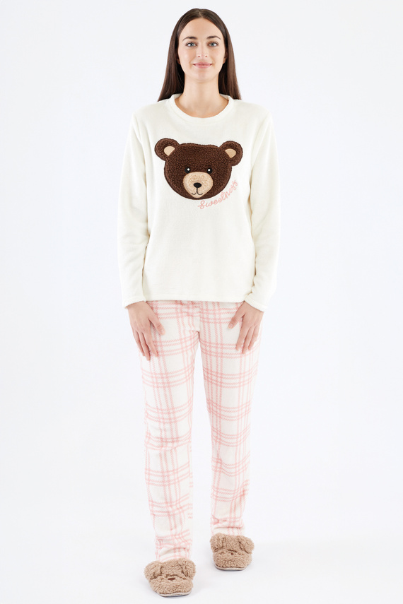 Pijamale dama Madlen Sorbetto ecru - fleece, cu broderie ursuleti si pantaloni in carouri
