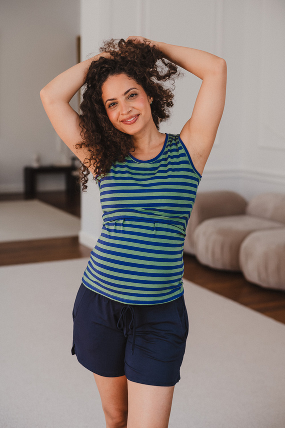 Milk&Love Milk Top tricou de alăptare pentru gravide, cu bretele, în dungi albastru-verzui