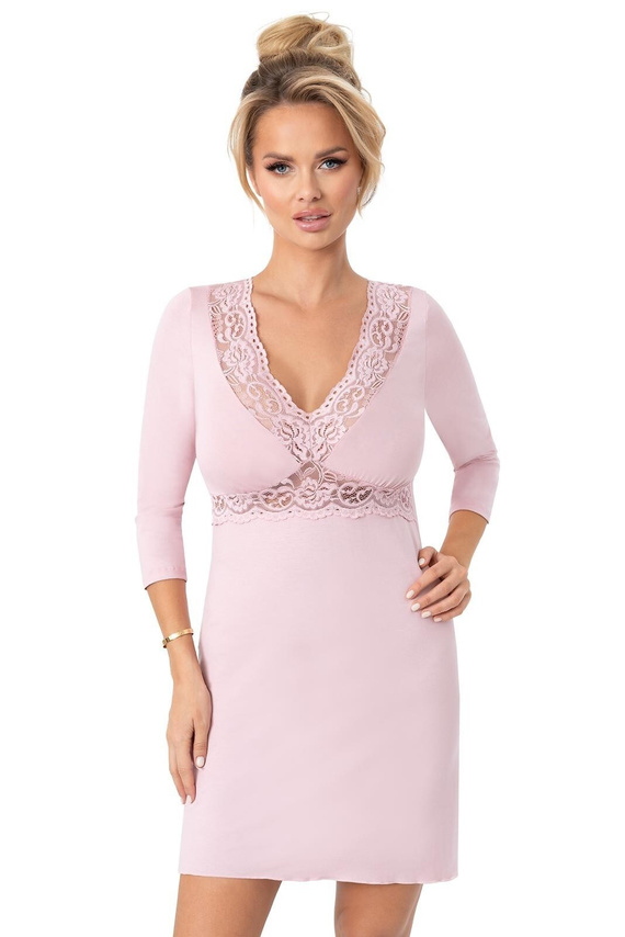 Cămașă de noapte Donna Margo roz pudrat – viscoză, dantelă, mâneci 3/4, lungime până la genunchi