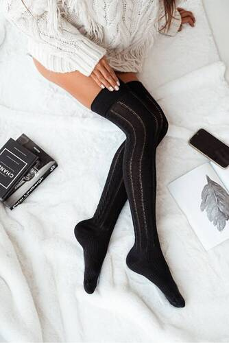 0347.001 Sosete până la genunchi Milena pentru femei cu împletitură ajurata - negri