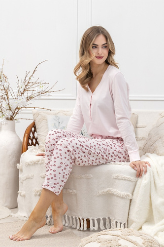 Pijamale de damă Laveza 1623 Grażyna – bumbac, roz deschis, mâneci lungi